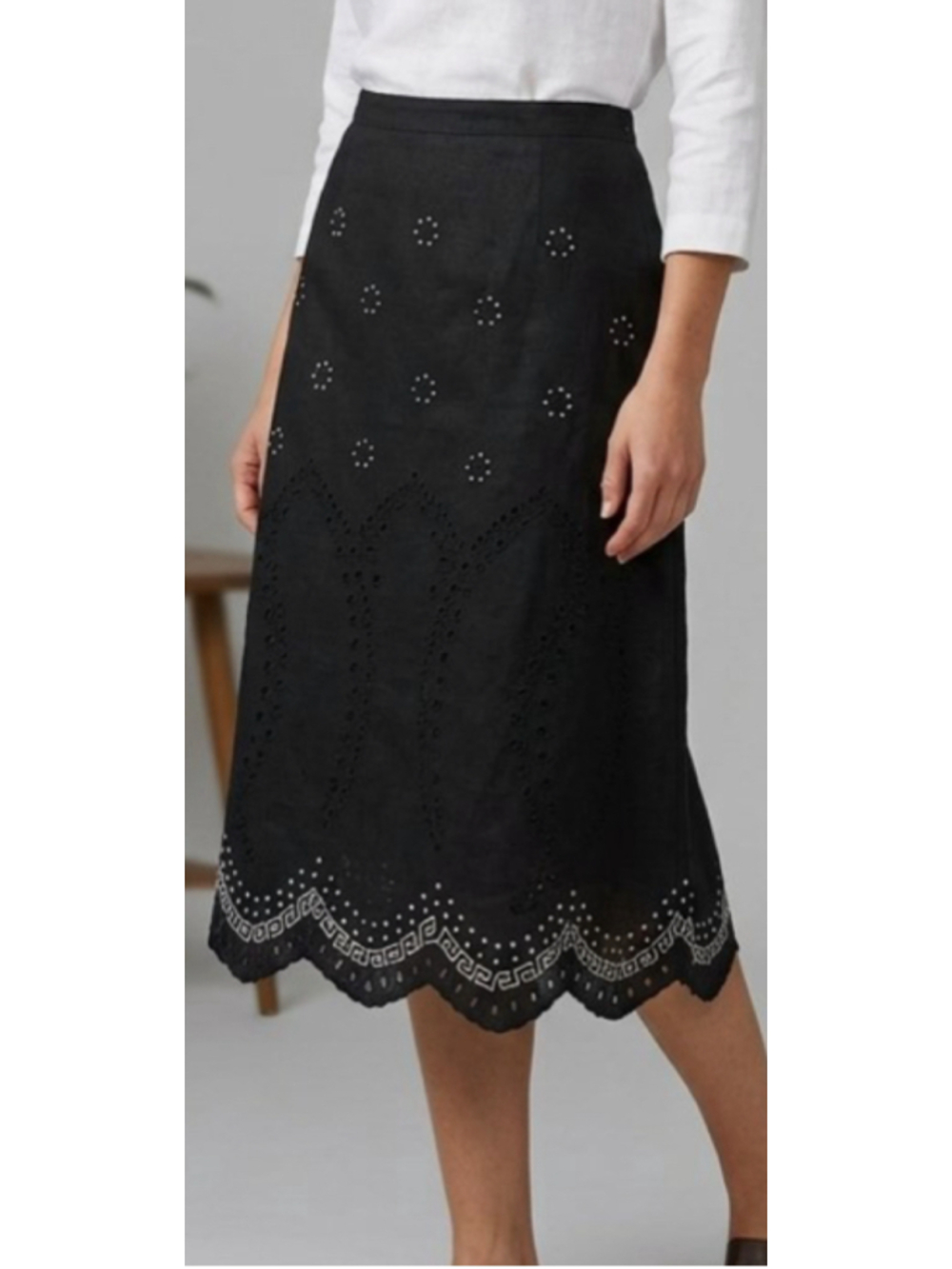 Black Embroidered Eyelet Midi Skirt Scalloped Hem Broderie Anglaise A-Line 1370